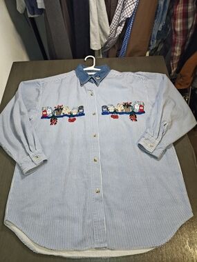 Vintage Striped Blue Embroidered Jean Collar Woman's Top